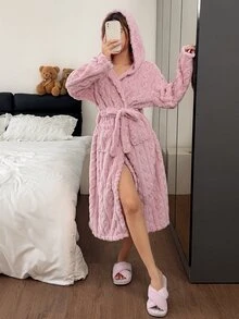 Napfluff Women's Casual Pink Jacquard Velvet Open Front Hooded Loungewear Robe - Pink - View 7