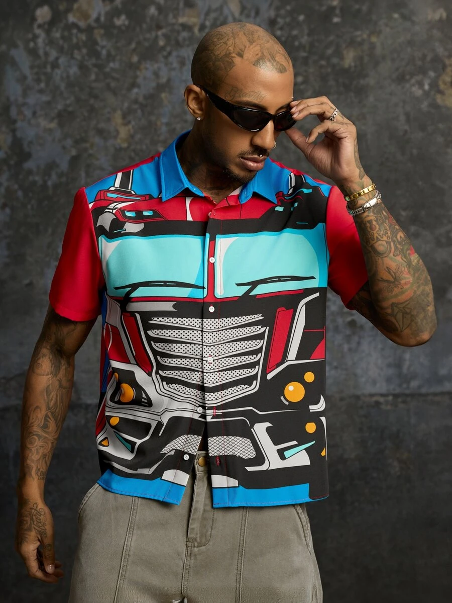 Transformers X SHEIN Men's Colorblock Casual Short Sleeve Shirt For Daily Wear - Red - View 1