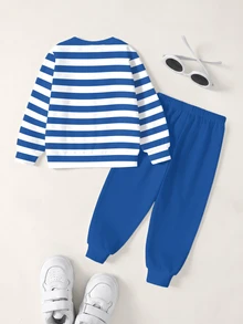 LOONEY TUNES X SHEIN Young Boy Striped Letter Cartoon Pattern Long Sleeve Sweatshirt And Sweatpants Set - White - View 2