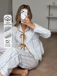 DAZY Women's Ditsy Floral Front Tie Long Sleeve Top And Long Pants Pajama Set - White - View 4