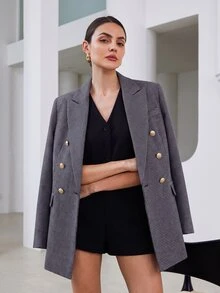 Aveloria Modichic 女款寬肩修身長版紋理西裝外套，雙排扣金色鈕扣，優雅商務老錢風棕色千鳥格秋季女裝 - 藍色 - 查看 6