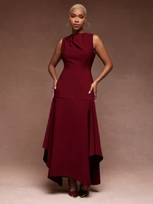 Vixey Women's Elegant Pleated Asymmetrical Hem Dress - Burgundy - View 3