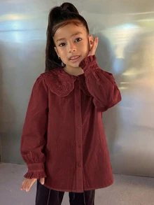 DAZY Tween女孩秋季服飾 蕾絲娃娃臉泡泡袖長袖甜美襯衫 - 紅木色 - 查看 6