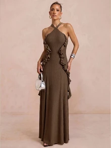 Lumalex New Knit Jacquard Tree Pattern Ruffle Trim Sleeveless Tie Halter Neck Long Dress - Brown - View 7