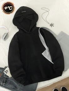SHEIN 青少年女孩休閒緊身寬鬆口袋長袖抓絨內裡運動衫 時尚婚禮賓客派對 黑白配色 秋冬款 - 黑色 - 查看 3