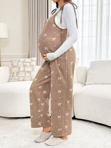 Slowluna Maternity Bow Pattern Shoulder Knot Wide Leg Overall Jumpsuit - Brown - View 3