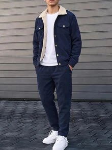 SHEIN 青少年男孩2件套休閒燈芯絨面料翻領長袖夾克與彈性腰長褲，適合秋冬春季，適合戶外玩耍、學校、街頭風、派對與居家休閒，高CP值 - 藏蓝色 - 查看 4