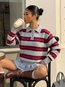 Livesso Women's Grey Colorblock Casual Preppy Everyday Long Sleeve Sweater School Autumn Winter - Burgundy - View 6