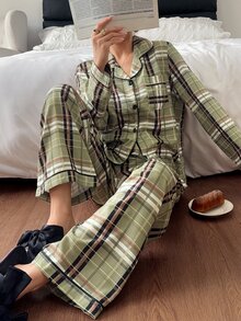 Napfluff Plaid Contrast Trim Lapel Open Front Long Sleeve Pants Pajama Set - Multicolor - View 6