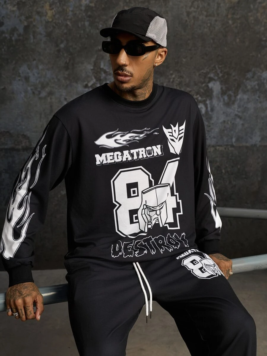 Transformers X SHEIN Men's Letter Print Long Sleeve Pullover Sweatshirt And Sweatpants Set Evergreen - Black - View 1