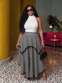 Slaydiva Rok Panjang Asimetris Berlapis Ganda Motif Houndstooth Hitam Putih untuk Kencan Harian, Ukuran Plus - Hitam dan Putih - View 10