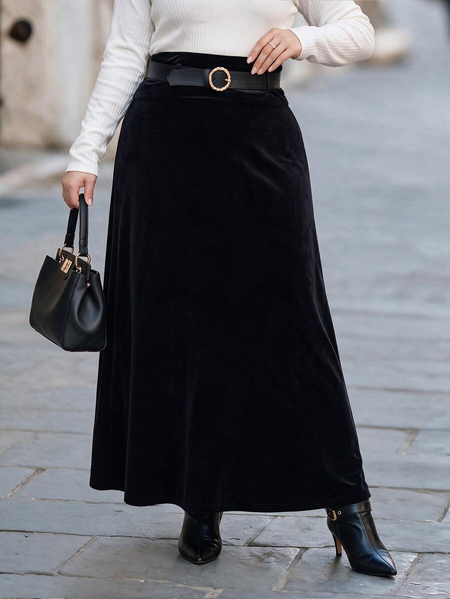 Chikora Plus Size Velvet High Waist Long Skirt With Belt - Black - View 1