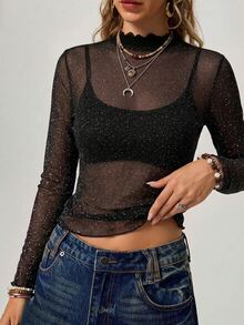 Freevana 女款時尚迷人長袖派對夜上衣，萬聖節黑色秋季性感款 - 黑色 - 查看 1