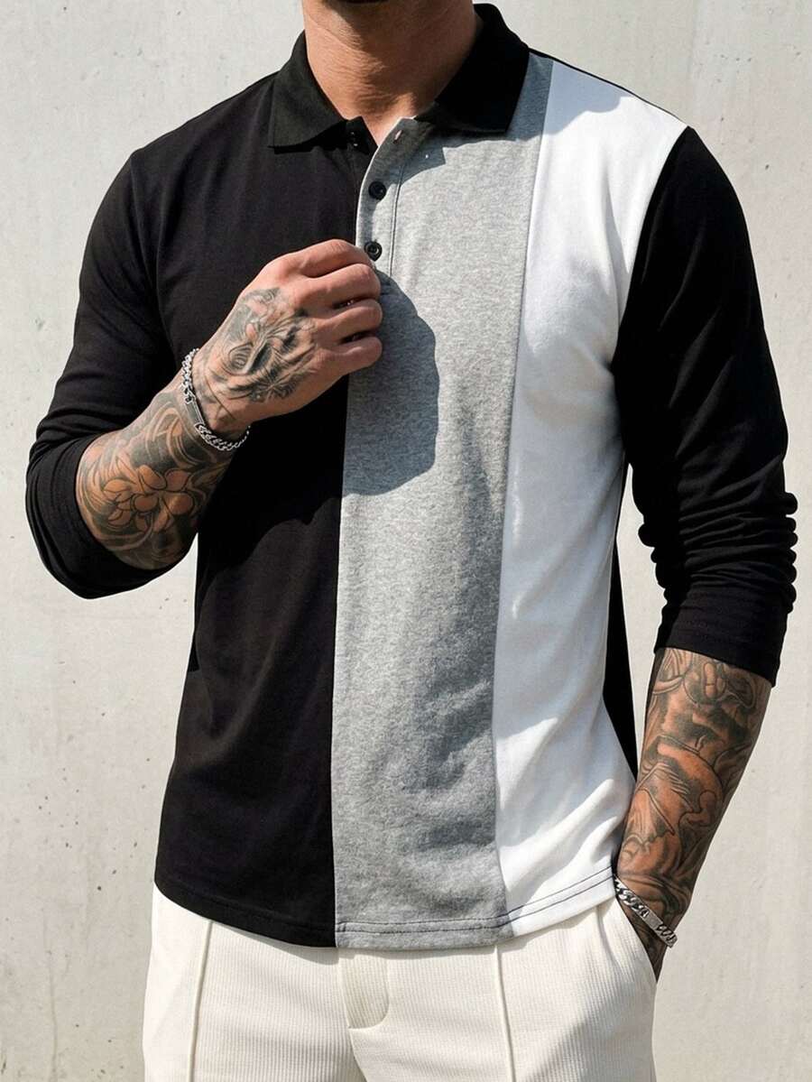 DAZY Men's Vertical Striped Colorblock Long Sleeve Polo Shirt, Turn-Down Collar 3-Button Casual Top - Multicolor - View 1