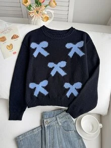 (Gadis Remaja) Sweater Musim Gugur/Dingin Pita Jacquard Serbaguna Kasual Hangat Lembut Nyaman Ramah Kulit - Hitam - View 4