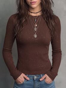 SHEIN LUNE Women's Solid Color Round Neck Long Sleeve Glitter Slim Fit T-Shirt - Multicolor - View 3