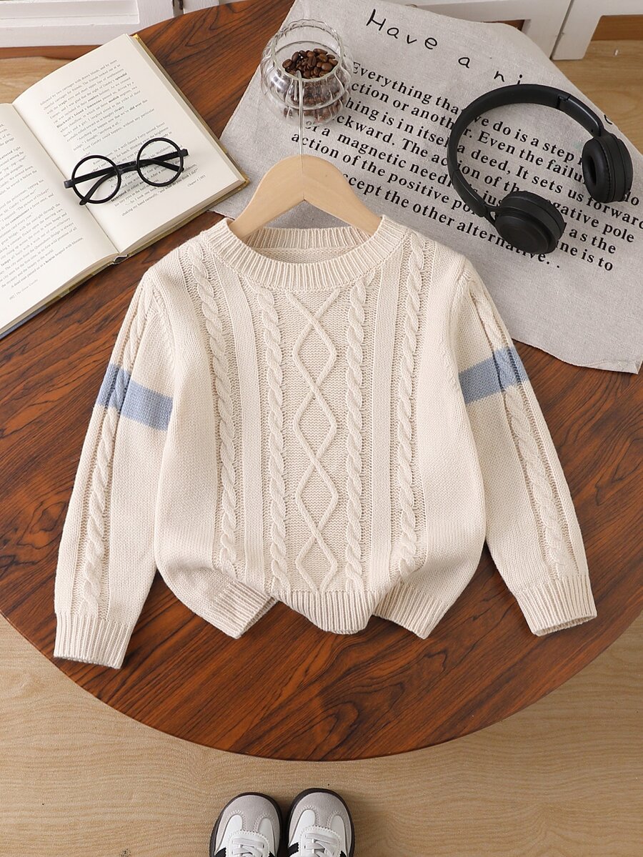SHEIN Young Boy Colorblock Round Neck Casual Daily Long Sleeve Sweater Autumn Winter - Khaki - View 1