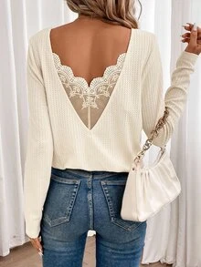 SHEIN Frenchy تي شيرت من قماش الوافل بأكمام طويلة مع تفاصيل دانتيل مدمجة - لون مشمشي - مشاهدة 5