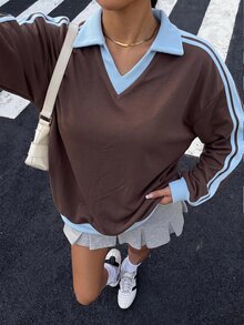 Muchica 女款新款秋季休閒學院風運動休閒街頭風極簡運動藍色拼色條紋棕色運動衫，適合上衣、聖誕節、派對 - 彩色 - 查看 3