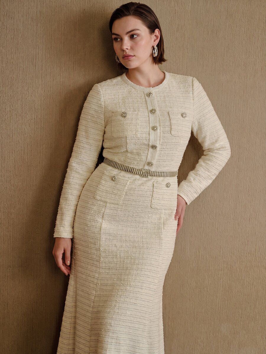 MOTF PREMIUM PLUS SIZE WOMEN'S ELASTIC ELEGANT TEXTURED BUTTON DESIGN MIDI DRESS FALL - Apricot - View 2