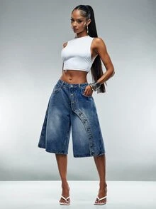 Denimoi Button Front Oversized Denim Jorts Fashionable Streetwear Cool Girl Shorts Fall Outfits - Medium Wash - View 2