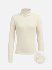 Tween Girls Autumn/Winter White Knitted High Neck Casual Slim Fit Ribbed Textured Base Layer Top, Versatile Simple T-Shirt - White - View 3