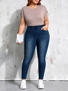 EMERY ROSE Plus Size Fashion Versatile Pocket Elastic Waist Denim Jeans - Dark Wash - View 3