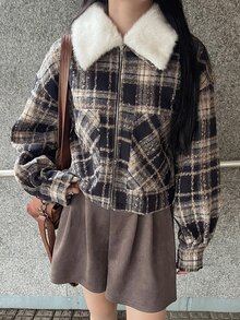 FRIFUL 女款拼接毛領格紋拉鍊休閒夾克 秋季 - 棕色 - 查看 3