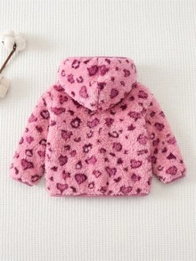 Cozy Pixies 女嬰卡通動物豹紋保暖內裡加厚連帽拉鍊長袖外套，適合秋冬冬季穿著 - 粉色 - 查看 2