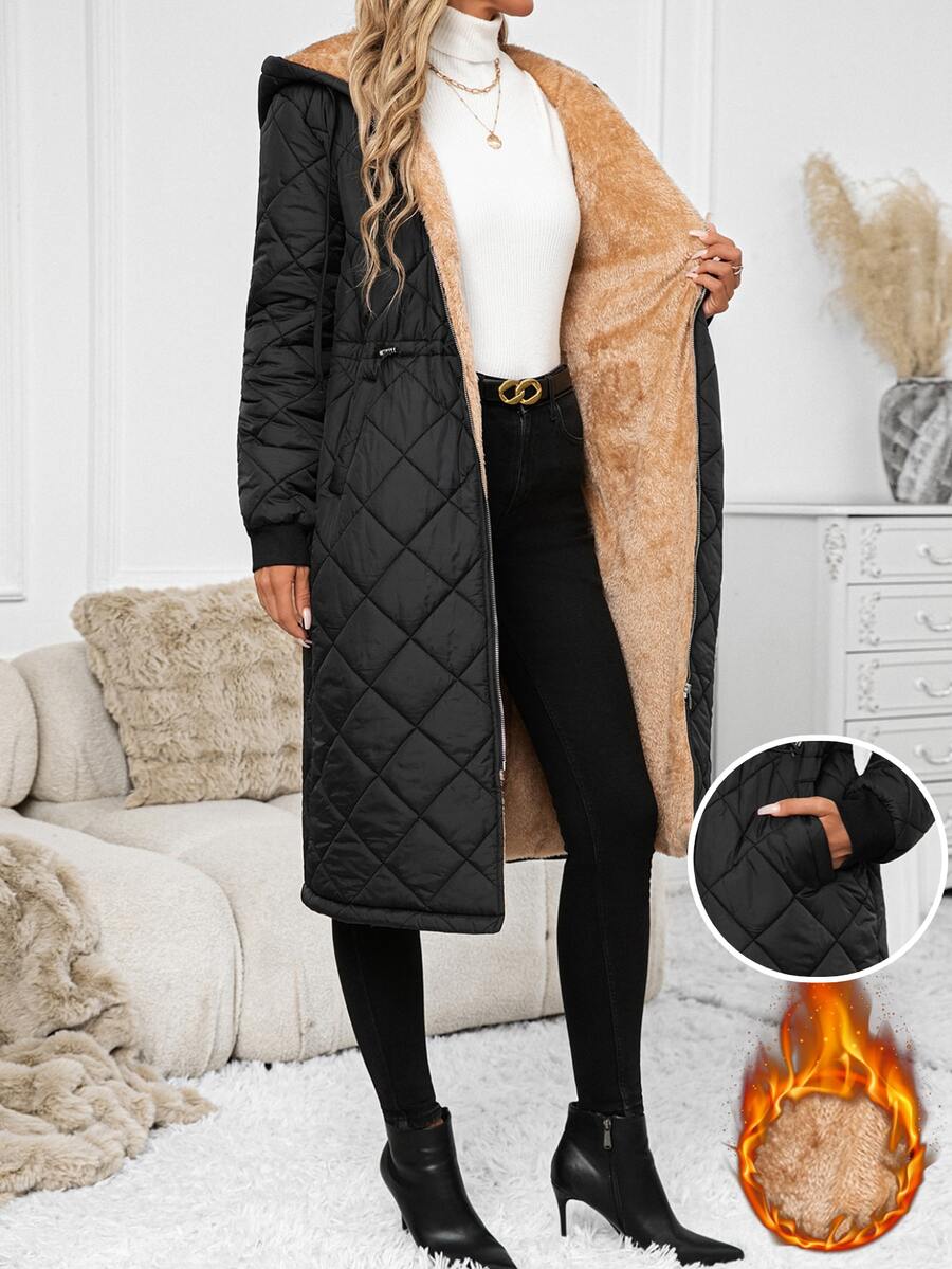 SHEIN Clasi 女款連帽加厚棉襖外套,附拉鍊與口袋,冬季款 - 黑色 - 查看 1