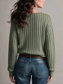 EMERY ROSE CURVE Plus Size Autumn/Winter Grey-Green Vertical Ribbed V-Neck Knit Sweater Women Loose Drop Shoulder Long Sleeve Slimming Base Layer Casual Commute Soft Knit Top - Green - View 2