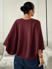 Dazy Plus 棕色寬鬆大領商務休閒時尚街頭通勤優雅套頭毛衣 - 酒紅色 - 查看 2