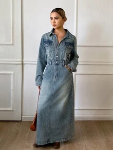 DAZY Autumn Women's Long Sleeve Collared Waist-Cinching Distressed Blue Casual Denim Maxi Dress - Medium Wash - View 6