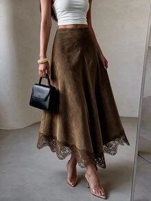 Modelyn Women's Brown Woven Lace Patchwork Asymmetrical Hem Lace Trim Elegant Skirt - Brown - View 1