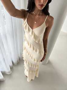 Aloruh 女款春夏波西米亞風荷葉邊修身洋裝 - 杏色 - 查看 7