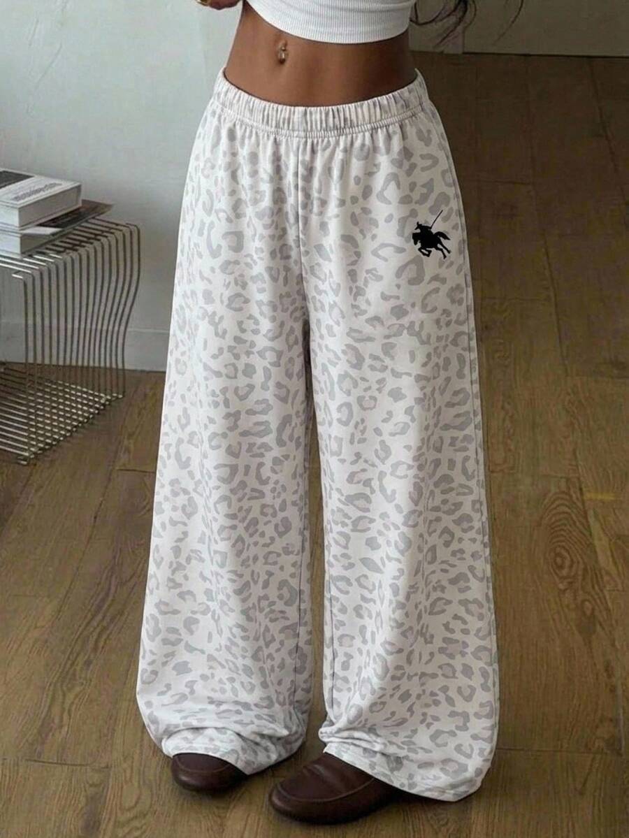 SHEIN Teen Girl Teen Girls Sweatpants Light Color Leopard Print Casual Minimalist Versatile Wide Leg Joggers, Back To School - Grey - View 1