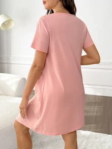 Moonlight&Mama Nursing Comfortable Soft Maternity Button Half-Front Short Sleeve Loungewear Dress - Dusty Pink - View 2