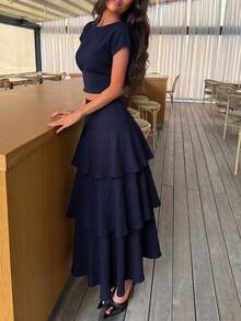 Siren Gaze Women's Navy Blue Polka Dot Exaggerated Layered Ruffle Design Long Skirt Polka Dot Skirt - Navy Blue - View 2