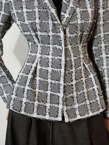 Aveloria Modichic Jaket Blazer Klasik Retro Kasual untuk Perjalanan Sehari-hari, Serbaguna, Motif Kotak-kotak Houndstooth, Rumbai, Warna Kontras, Memperlangsingkan Pinggang, Kancing Tunggal, Kerah, - Hitam dan Putih - View 6