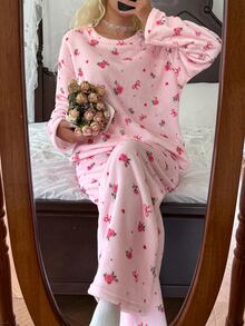 CottageSlumber Floral Bow Print Flannel Soft & Cozy Long Sleeve Pants Pajama Set - Pink - View 5