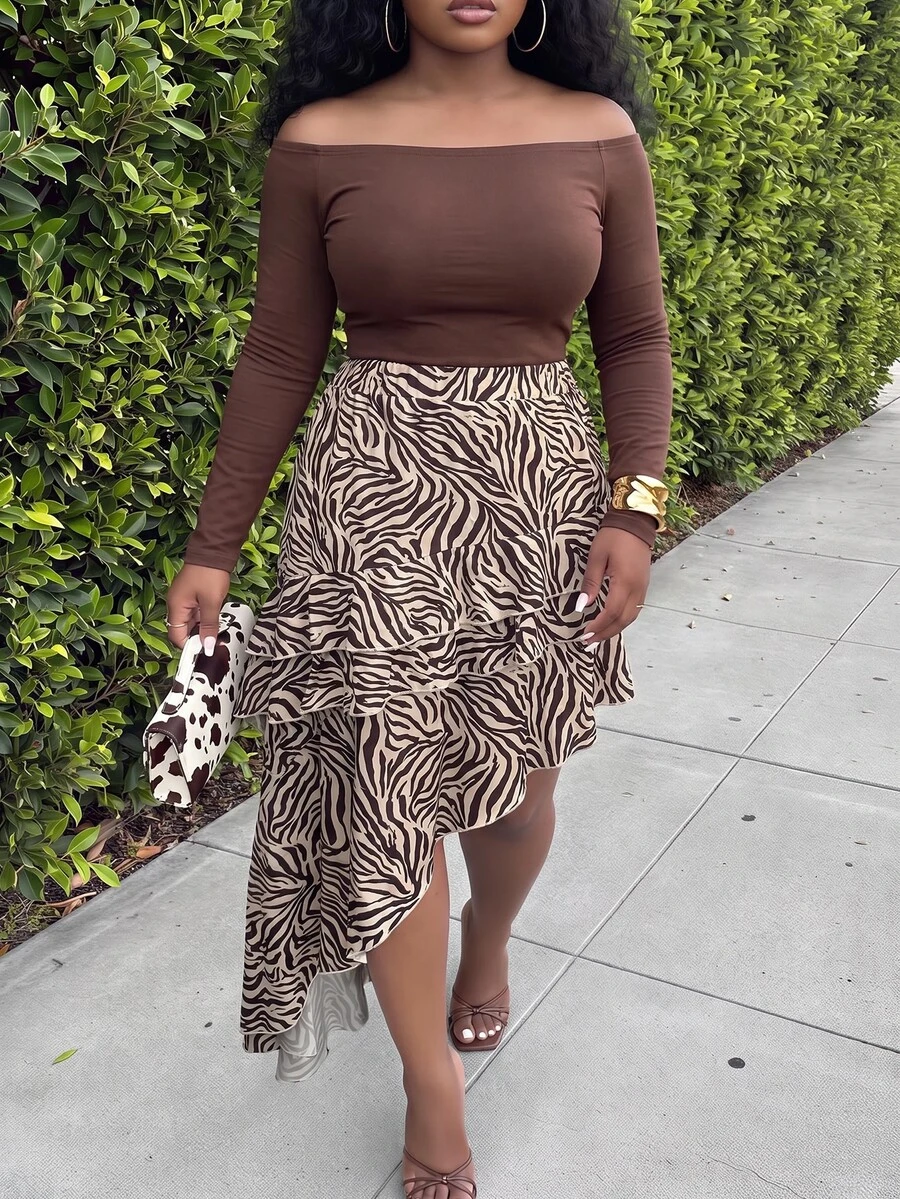 Slaydiva Sexy Elegant Date Zebra Print Multi-Layer Ruffle Asymmetrical Skirt Plus Size