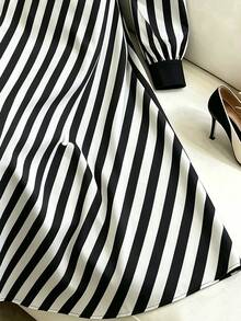 GlowEve CURVE Plus Size Casual Striped Colorblock Long Sleeve Dress - Black and White - View 5