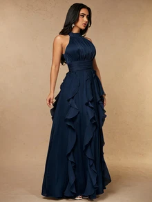Silquee Women's Solid Color Pleated Elegant Waist-Cinched Long Dress For Party And Gathering - Navy Blue - View 5