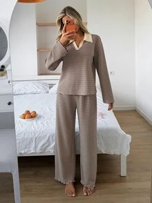 Livesso طقم ملابس منزلية للنساء مكون من ملابس علوية بأكمام طويلة وبنطال بتصميم مخطط وألوان متباينة - لون مشمشي - مشاهدة 5