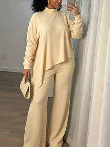 INAWLY Solva Women's Solid Color Stand Collar Long Sleeve Top And Pants Casual Daily 2 Pieces Set - Apricot - View 1
