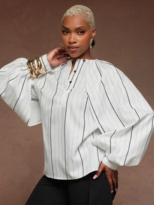 Vixey Women's Vertical Striped Stand Collar Loose Lantern Sleeve Blouse, Single-Breasted Slouchy Oversized Long Sleeve Top - White - View 1