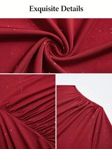 SOLERSUN Designed For European And American Women With Wide Hips And Large Belly, Asymmetrical Neckline Long Sleeve Glitter Evening Gown, Side Ruched Cinched Waist Effect, Asymmetrical Ruffle High Slit Design, Suitable For Banquets, Dinner Parties And Various Formal Occasions - Red - View 7