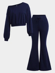SHEIN Girlism 青少年女孩純色不對稱肩領衛衣與喇叭運動長褲兩件套 - 藏蓝色 - 查看 6