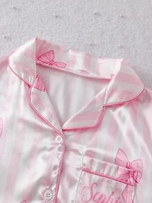 青少年女孩蝴蝶結與條紋圖案單排扣上衣與長褲家居服套裝 - 粉色 - 查看 3