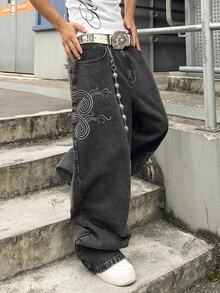 STEELVANCE Street Style Retro Fashion Versatile Distressed Washed Embroidered Design Loose Straight Wide Leg Casual Denim Jeans (Belt And Accessories Not Included) - Black - View 6